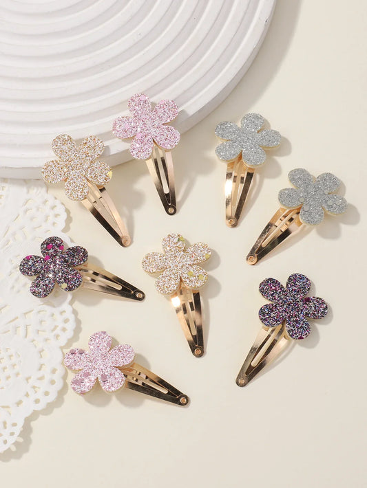 Girls' Glitter Rainbow Flower Hair Clips, 8-Piece Set