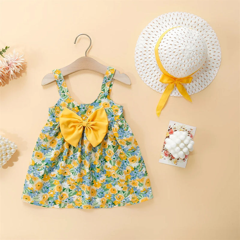 Baby Girl Floral Cotton Suspender Dress with Hat