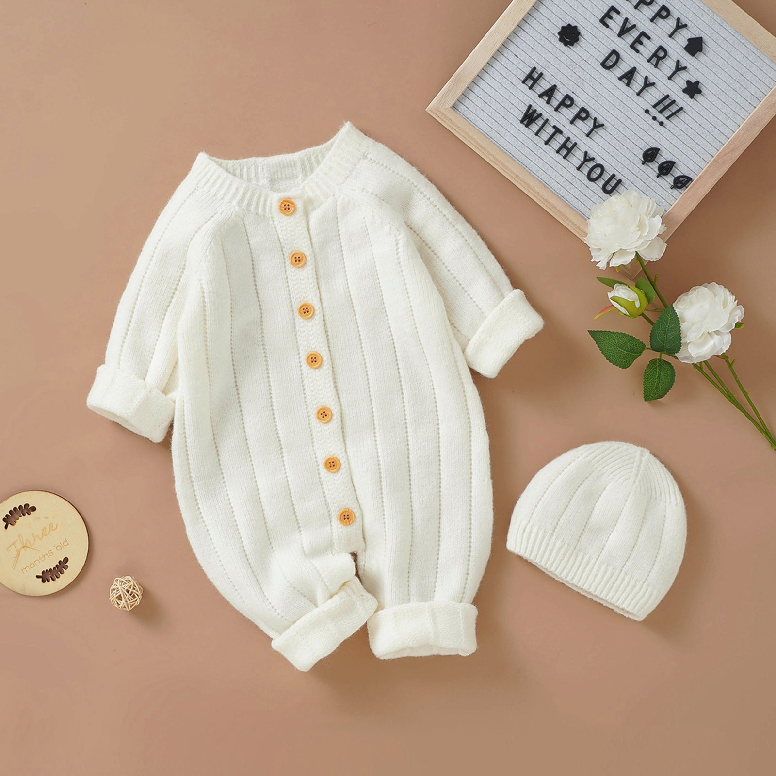 Knitted Baby Winter Romper and Cap Set, 0-18 Months