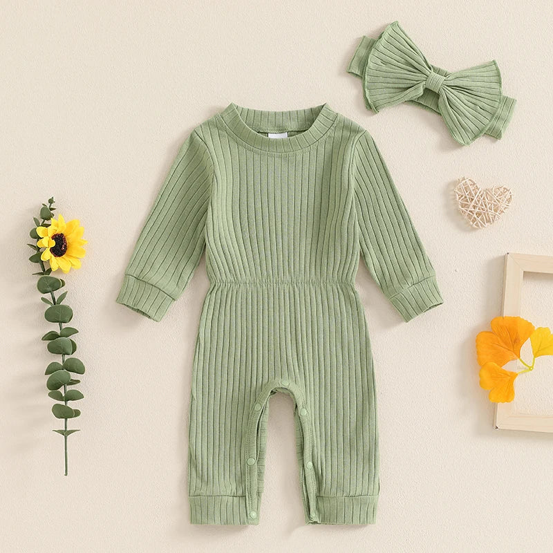 Baby Girls' Ribbed Jumpsuit and Headband Set, Fall