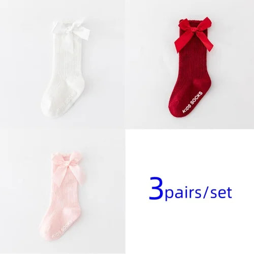 Baby Girls' Non-Slip Knee Socks, 3 Pairs with Bows