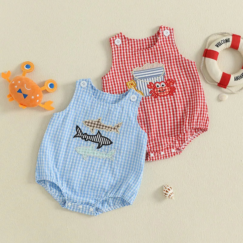 Baby Sleeveless Romper, Crab Embroidery Summer Playsuit