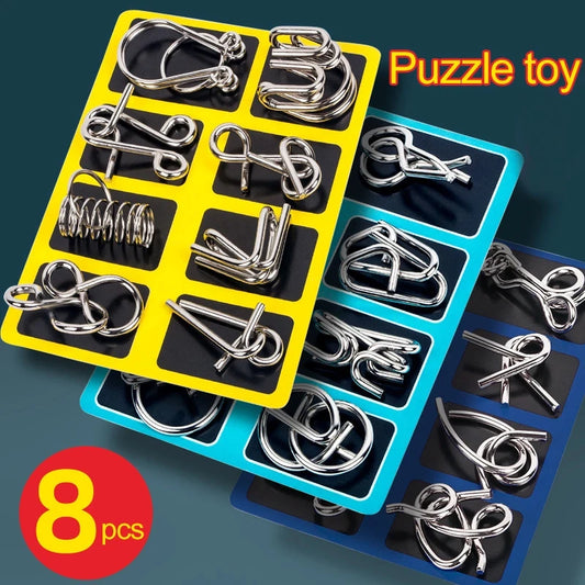 Eight-piece metal brain teaser puzzle set with color options