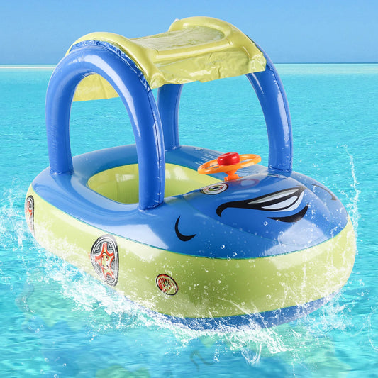 Car-shaped inflatable pool float in blue, yellow and dark blue