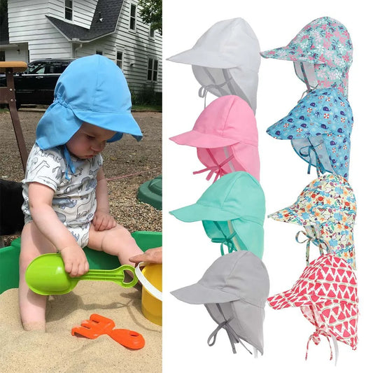 Kids sun hat with brim, neck flap and chin tie, assorted prints