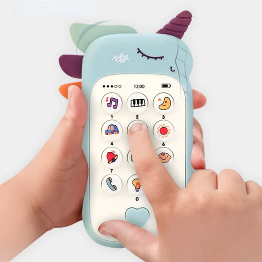 Phone-shaped toy with music and light features, offered in assorted colors