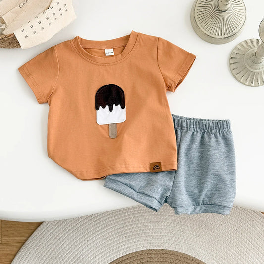Baby Ice Cream Patchwork Top & Shorts Set, Brown