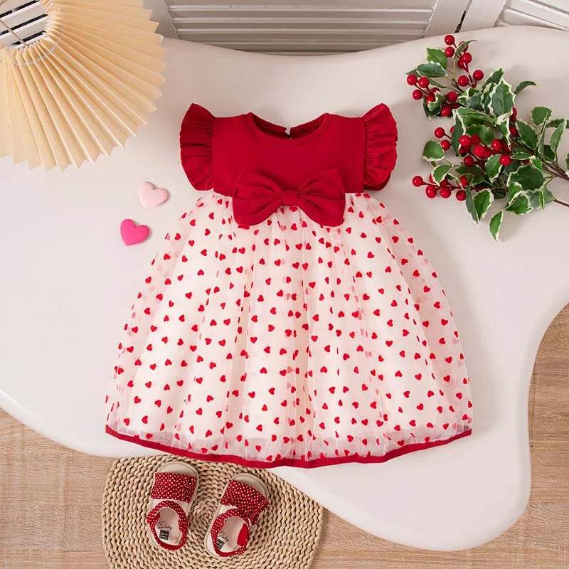 Baby Girl Dress Summer Bow And Love Pattern Knit Short Sleeve Puffy Baby Dresses Cute Casual Girl Kid's Dress