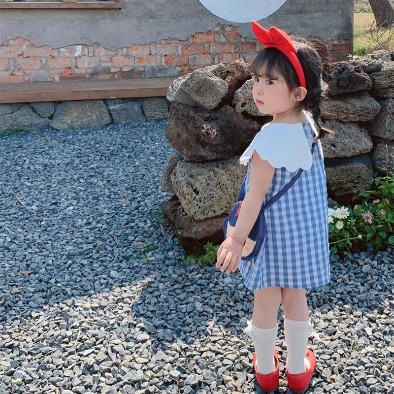 Girls' Dress Summer Children's Wear Apple Embroidered Lace Doll Collar Plaid Contrast Sleeveless Children's Dress