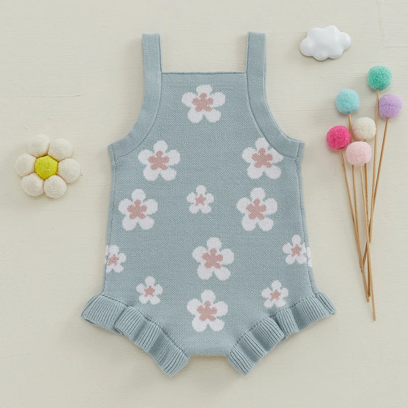 Baby Girls' Knitted Floral Bodysuit, Sleeveless Romper