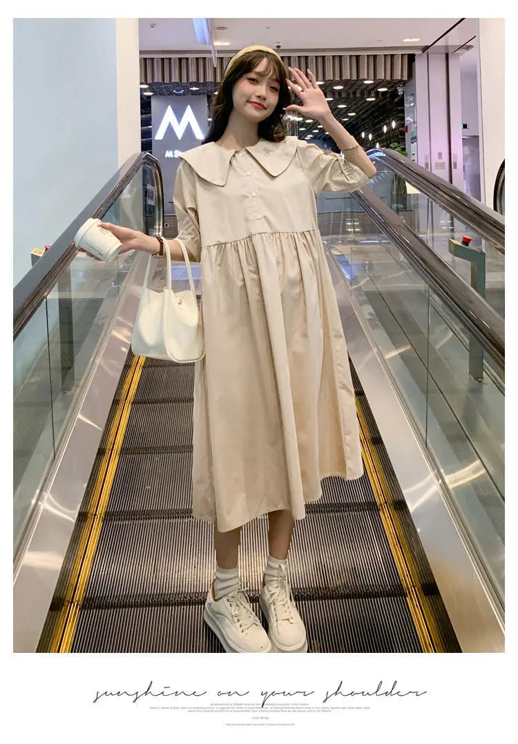 Collar Ruffled Patchwork Maternity Dress