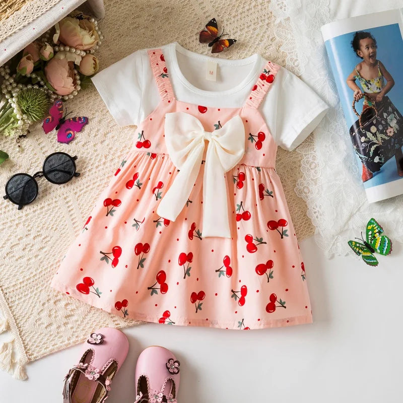 Baby Girl Dress Summer Cherry Print Cotton Short Sleeved Baby Dresses Cute Bow Girl Dress Baby Clothes Girl