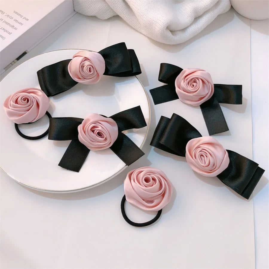 Pink Rose Bow Hair Clips For Girls