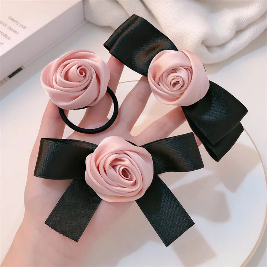 Pink Rose Bow Hair Clips For Girls