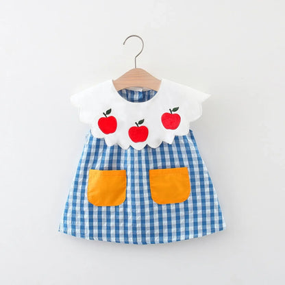 Girls' Dress Summer Children's Wear Apple Embroidered Lace Doll Collar Plaid Contrast Sleeveless Children's Dress