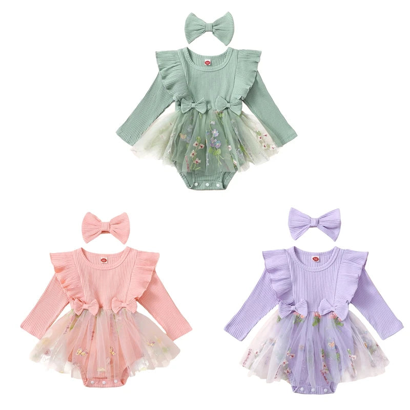 Baby Girl Floral Mesh Patchwork Ruffle Romper & Dress Set with Headband