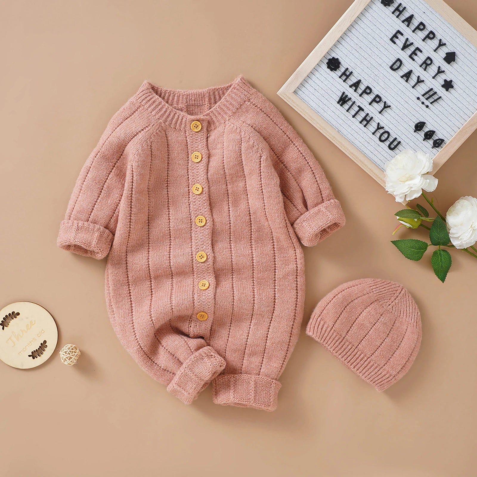 Knitted Baby Winter Romper and Cap Set, 0-18 Months