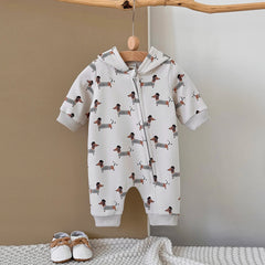 Baby Dachshund Print Hooded Jumpsuit, Fall Romper