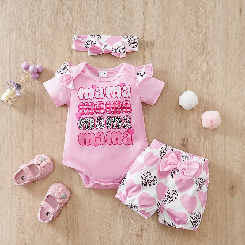 Mother’s Day baby girl 3 piece pink heart bow outfit USA